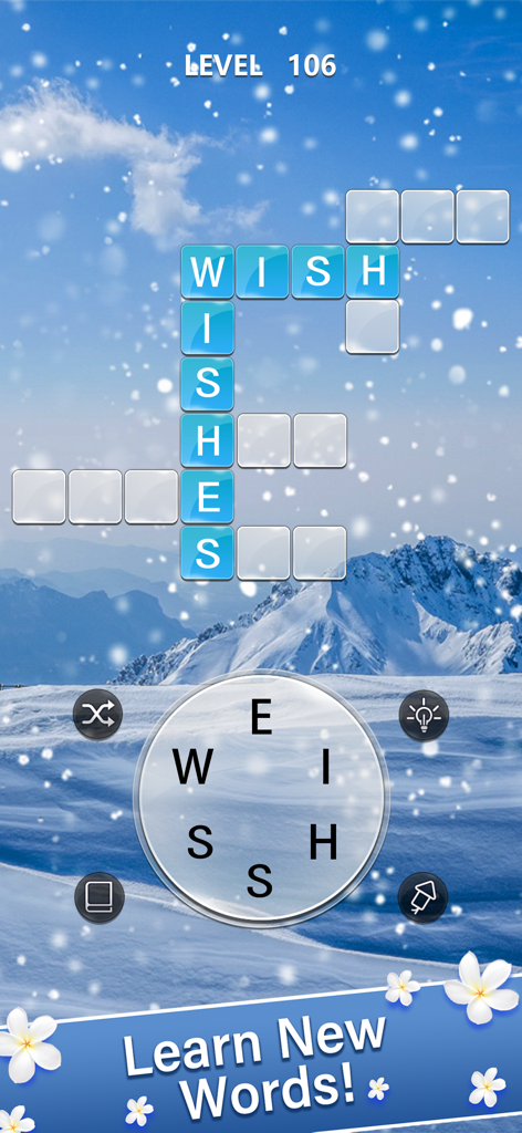 Schermata del cruciverba Otium Word con sfondo di montagna innevata e lettere da collegare