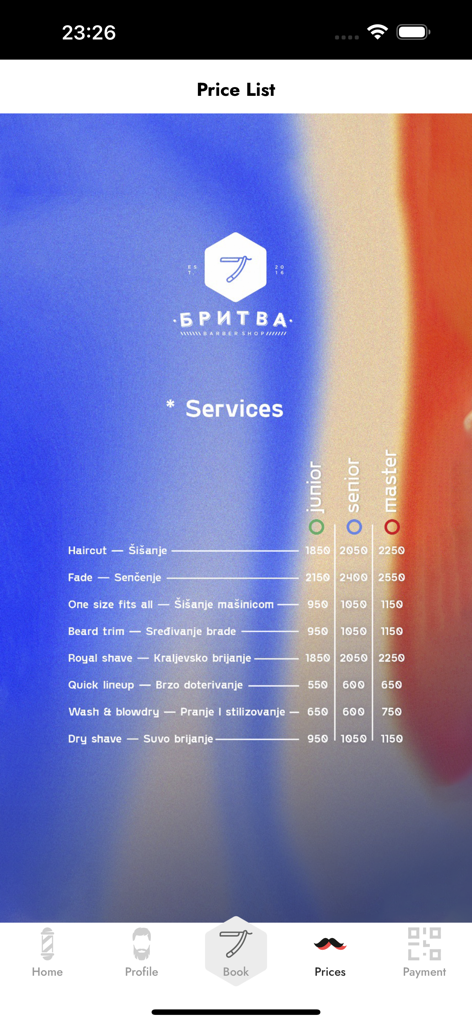 Britva - Liste de prix des services de l'application Britva barber shop montrant les coûts des services pour les barbiers juniors, seniors et maîtres