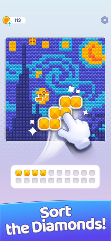 A hand sorting yellow diamond gems to complete a pixel art version of Starry Night in Brilliant Sort.