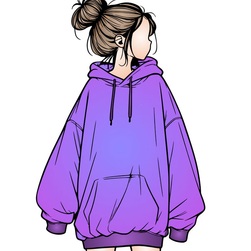 realistic girl with a oversized sweatshirt on and a bun