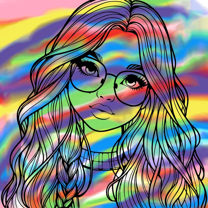 girl with long hair and freckles and glasses realistic
