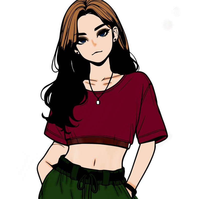 realistic girl witha crop top and baggy pants