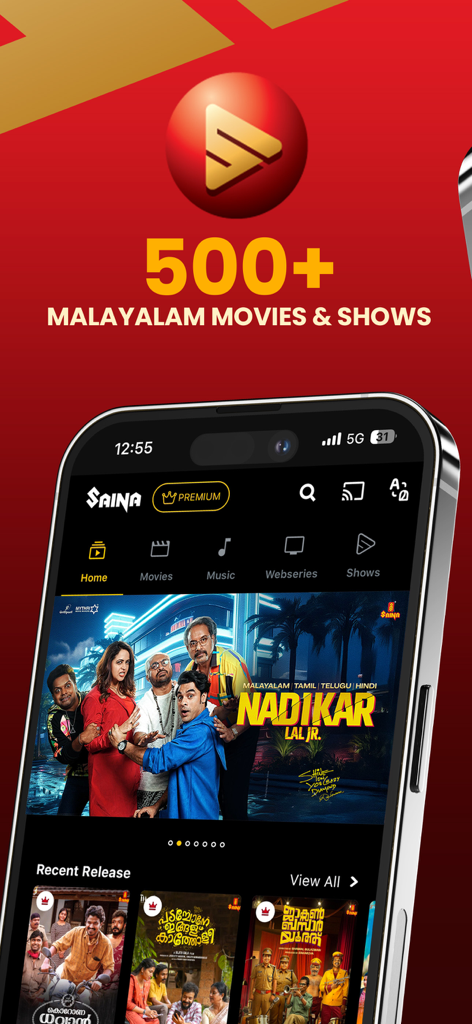 Saina Play - Malayalam Movies - Pantalla de inicio de la aplicación Saina Play en un smartphone que muestra más de 500 películas y programas de Malayalam