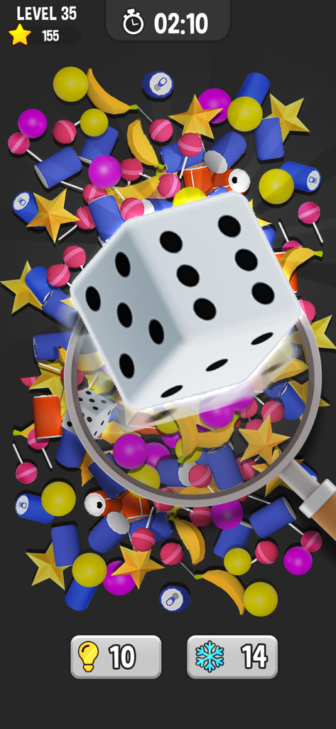 Match Pair 3D - Matching Game - A magnifying glass highlighting a 3D die among various colorful objects in the Match Pair 3D game interface