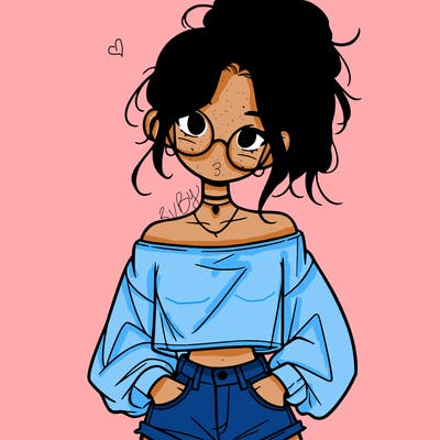 girl with a messy ponytail glasses a baggy crop top and jean shorts