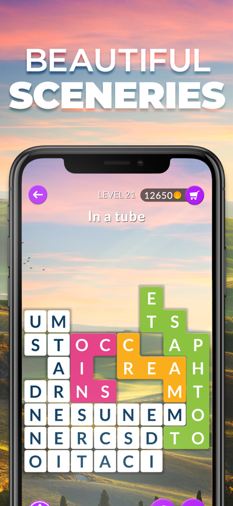 Wordscapes Shapes - Wordscapes Shapes word puzzle gameplay over a scenic sunset background