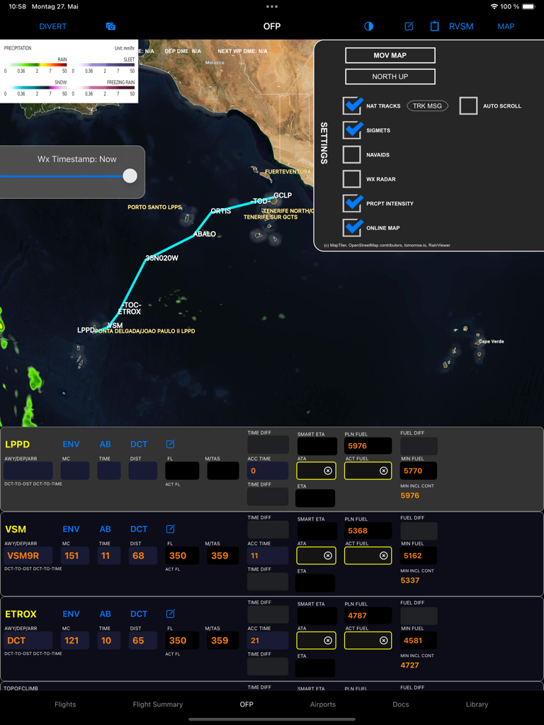 スマートOFPアプリのiPad上でのインターフェース。マップルーティングとプロのパイロット向け燃料管理データを含む運用フライトプランを表示。