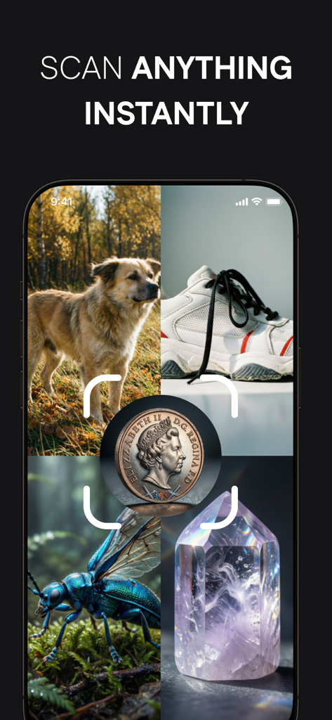 Mysticat-AI Photo Studio - Mysticat AI Photo Studio アプリインターフェイスは、オブジェクトを瞬時にスキャンするためのスマート画像認識機能を表示しています。
