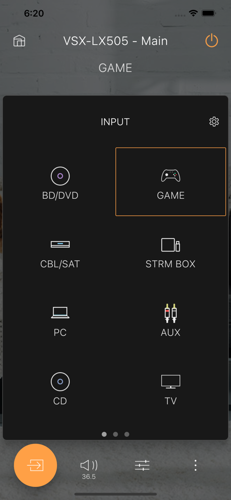 Pioneer Remote App - Input selection interface of the Pioneer Remote App featuring multiple source options for a home theater receiver.
