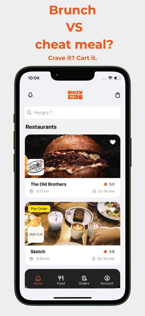 OnlyEat: Food Delivery - OnlyEat app interface displaying a selection of local restaurants and food delivery options in Mauritius.
