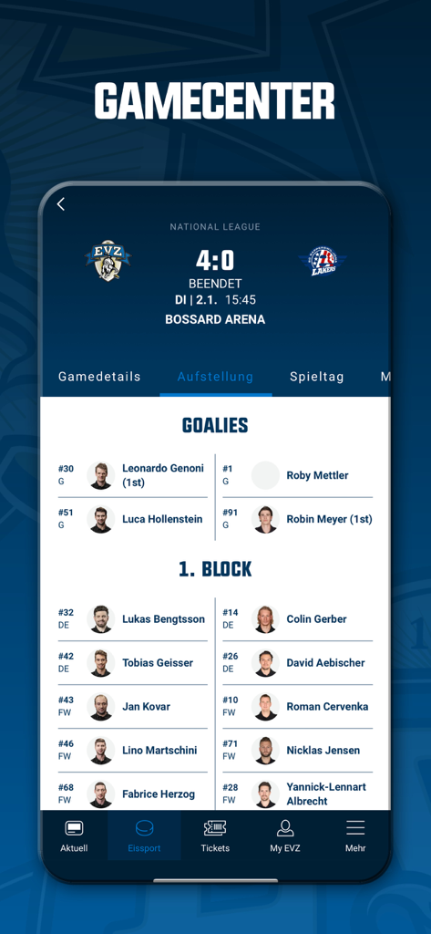 EVZ - EVZ mobile app gamecenter screen showing ice hockey player lineups and match results