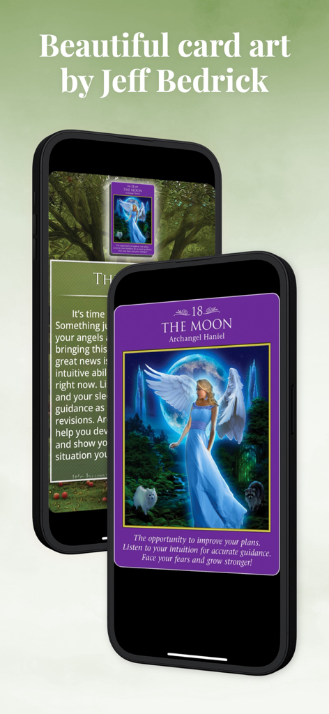 Archangel Power Tarot Cards - Digital tarot card artwork featuring Archangel Haniel on a smartphone screen