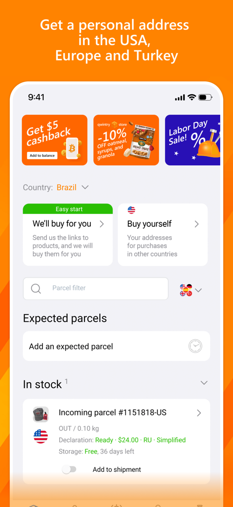 Qwintry mobile app interface displaying parcel tracking information and international shopping options