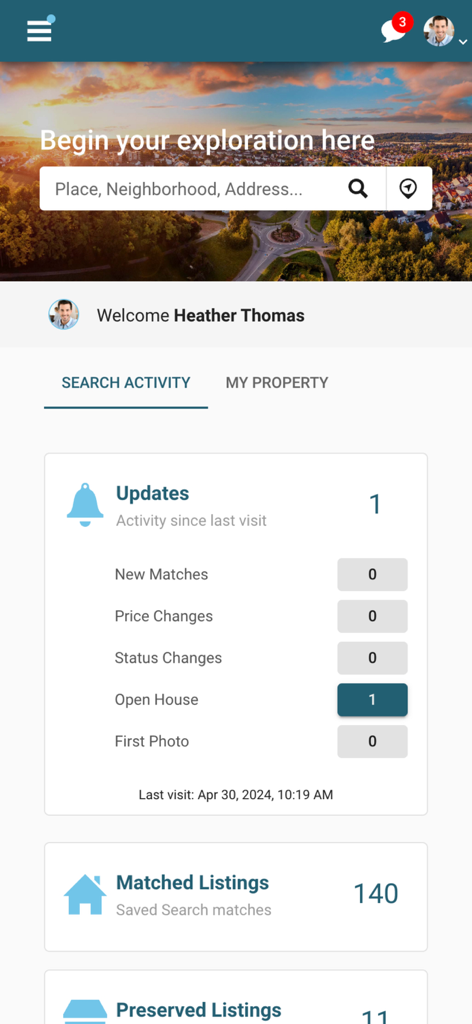 Collaboration Center mobile app dashboard showing real estate search activity and matched listings.