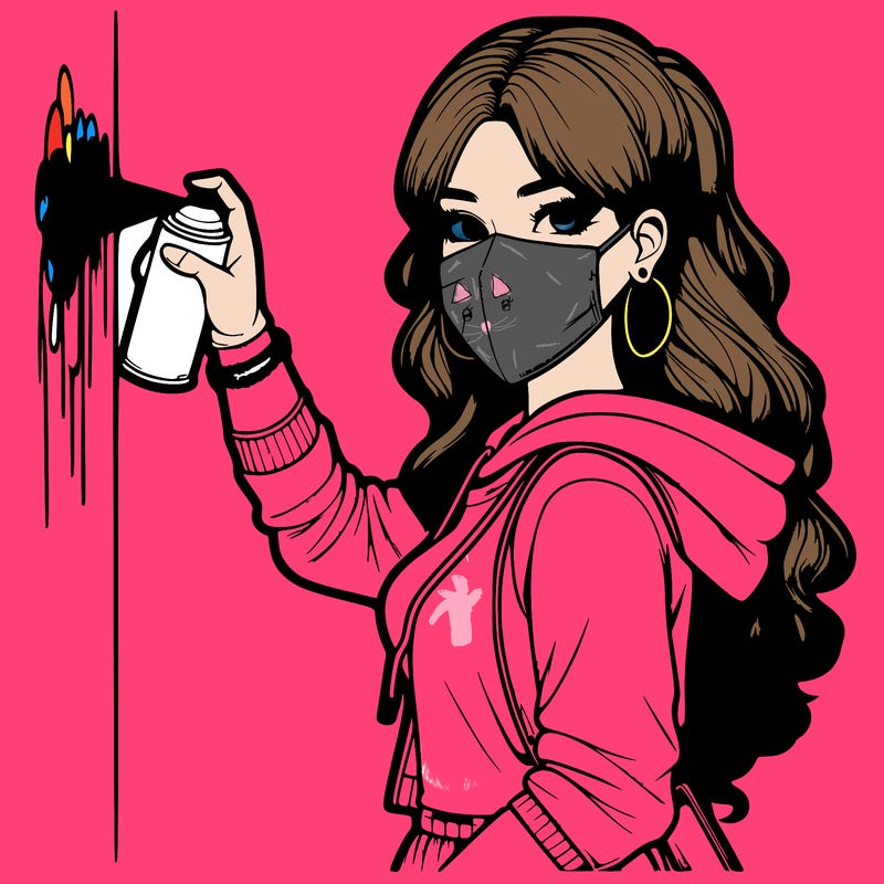 realistic girl with mask spray painting a wall