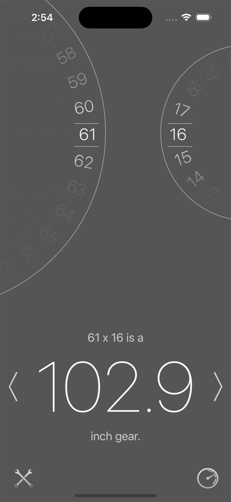 Track Gear Calculator - Interface of the Track Gear Calculator app showing a calculation of 102.9 gear inches for a 61 tooth chainring and 16 tooth cog