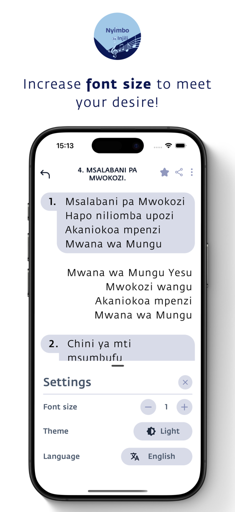 Nyimbo za Injili (MPYA) - Settings screen of Nyimbo za Injili app showing font size and theme options for Swahili gospel songs