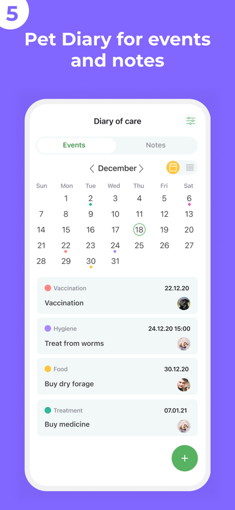 WAUDOG Smart ID - WAUDOGアプリのペットケアダイアリーインターフェース。予防接種や給餌などのスケジュールされたイベントが表示されたカレンダーがあります
