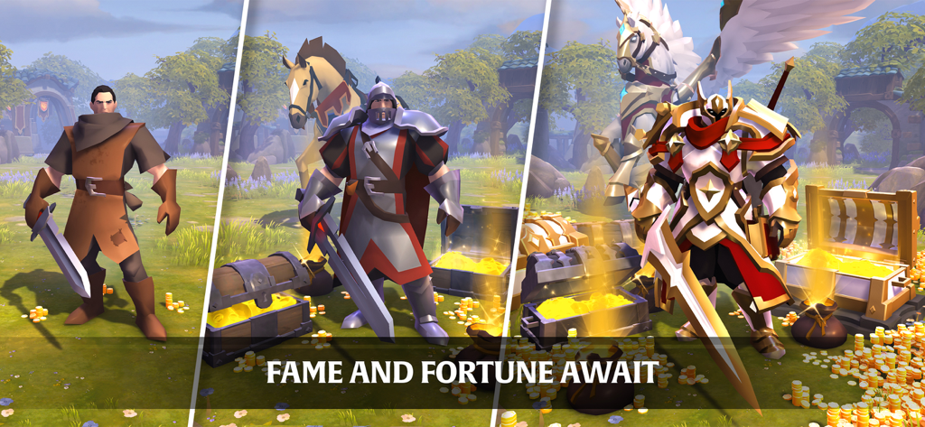Albion Online - Three characters showing the progression of gear and wealth in Albion Online from a basic adventurer to a legendary knight.