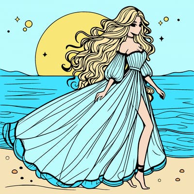 beautiful woman with a vaporous long dress walking on the beach at the noon, detailed art