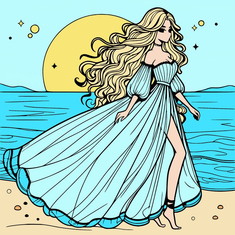 beautiful woman with a vaporous long dress walking on the beach at the noon, detailed art