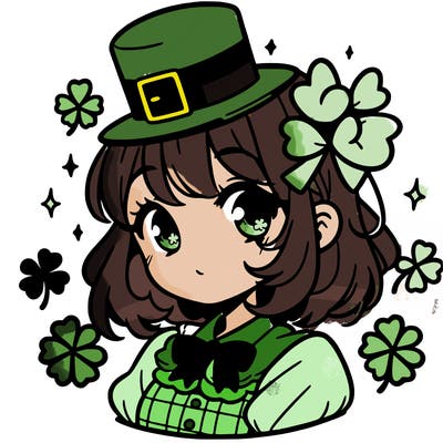 a manga-style girl with clovers around her, a little hat in her hair, like it's saint patrick's day