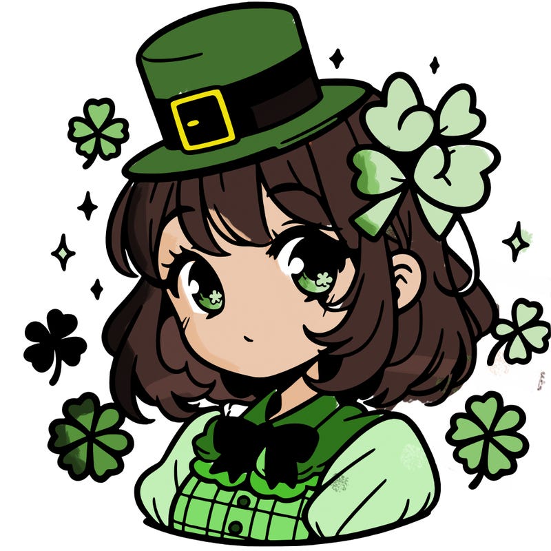 a manga-style girl with clovers around her, a little hat in her hair, like it's saint patrick's day