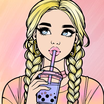 realistic girl with braided hair drinking boba