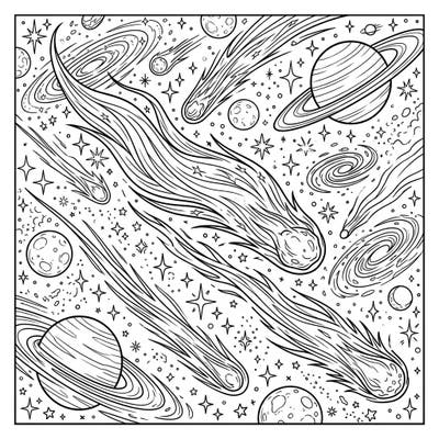 Dive into the vastness of space with this captivating coloring page featuring magnificent long-period comets. Designed for teens, it offers an intricate cosmic scene filled with planets, stars, and swirling galaxies, perfect for hours of creative exploration.