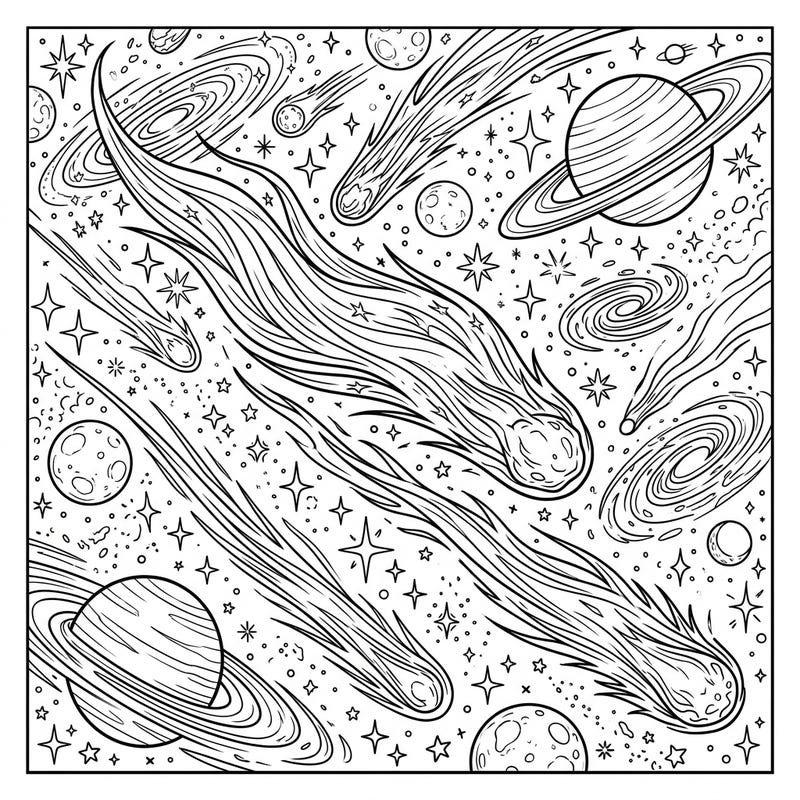 Dive into the vastness of space with this captivating coloring page featuring magnificent long-period comets. Designed for teens, it offers an intricate cosmic scene filled with planets, stars, and swirling galaxies, perfect for hours of creative exploration.
