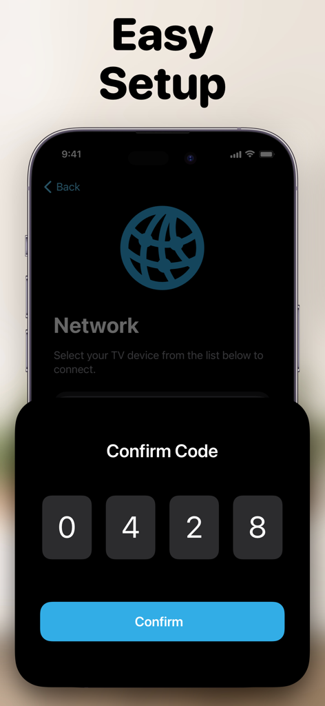 TV Remote +ㅤ - Pantalla de configuración fácil de la aplicación TV Remote plus que muestra una solicitud de código de confirmación.