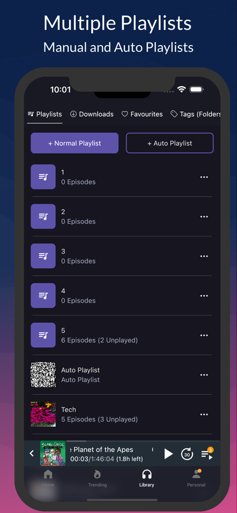 AI Podcast Player: Podurama - Schermata dell'app mobile Podurama che mostra opzioni per creare playlist di podcast manuali e automatiche