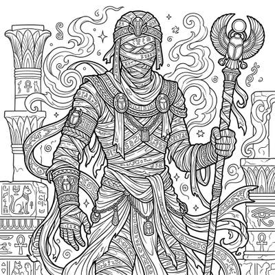 Dive into the intricate world of ancient mythology with this stunning fantasy mummy coloring page designed for adults. Featuring detailed wrappings, mystical symbols, and ancient Egyptian elements, it's perfect for a relaxing and creative escape.