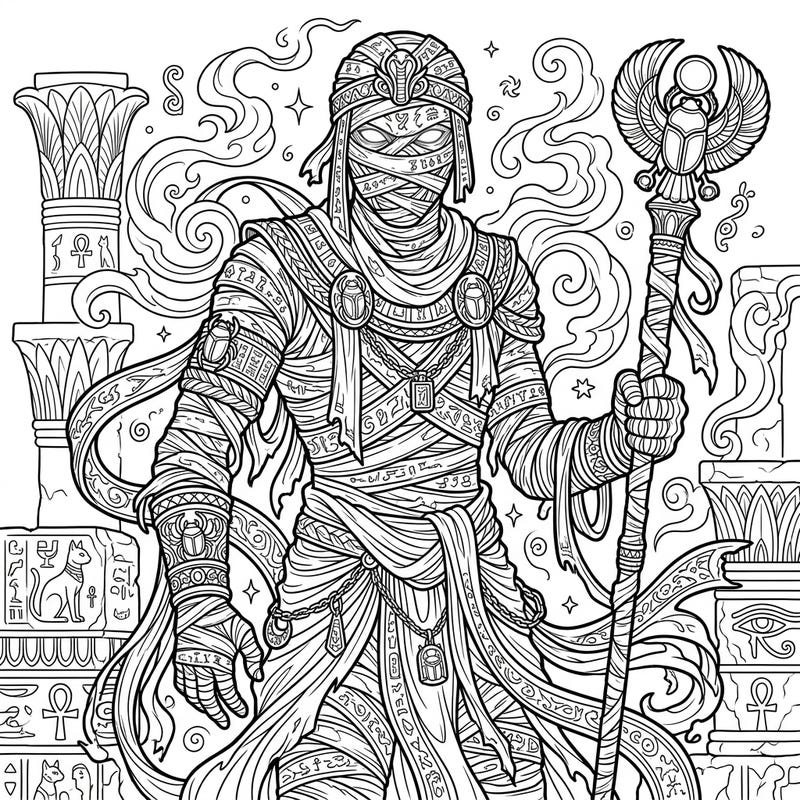 Dive into the intricate world of ancient mythology with this stunning fantasy mummy coloring page designed for adults. Featuring detailed wrappings, mystical symbols, and ancient Egyptian elements, it's perfect for a relaxing and creative escape.