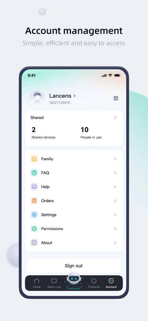 Xhome app account management interface showing user profile and sharing settings.