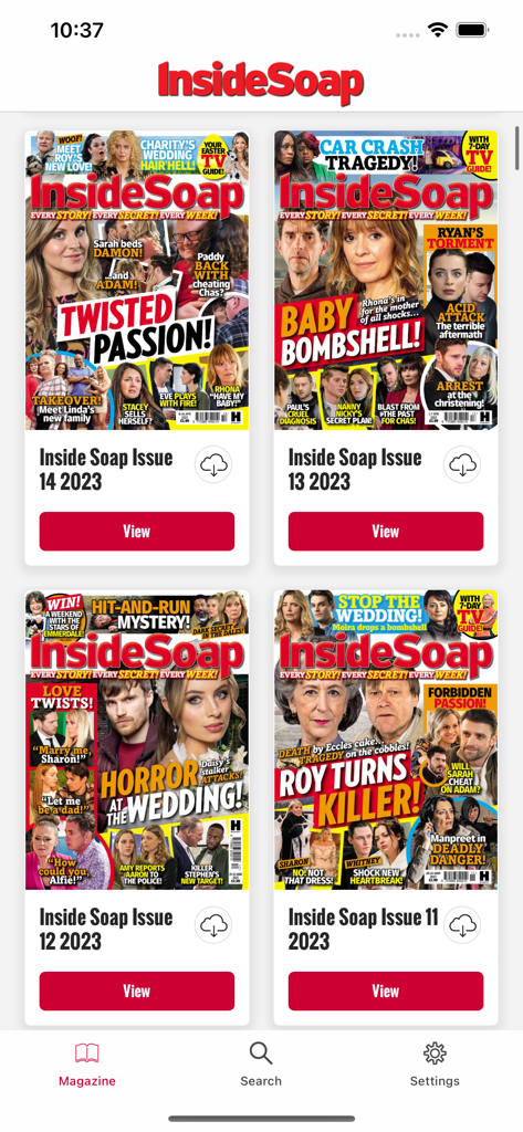 Inside Soap UK - Inside Soap UK app screen displaying a library of digital magazine covers from 2023