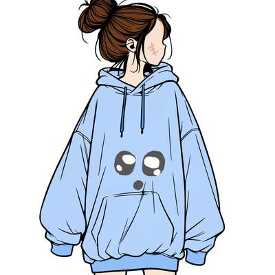 realistic girl with a oversized sweatshirt on and a bun