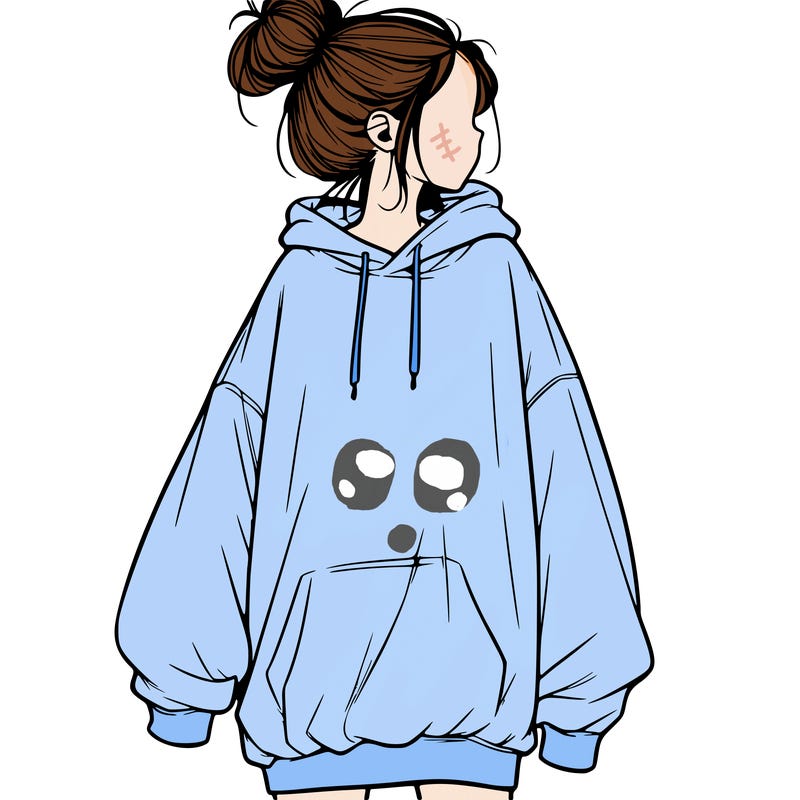realistic girl with a oversized sweatshirt on and a bun
