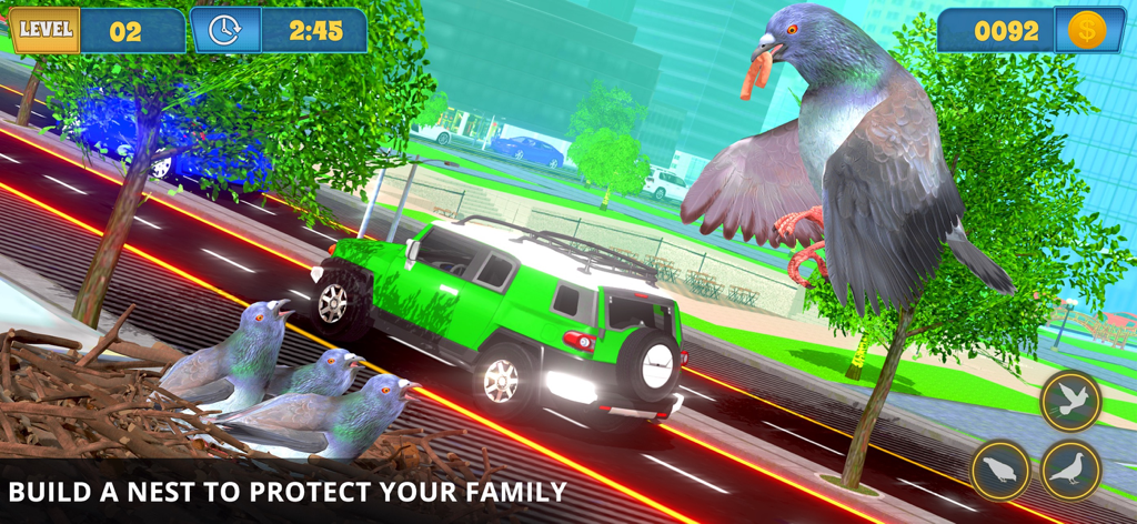 Un juego simulador de palomas en 3D que muestra a un pájaro llevando comida a su nido en un entorno urbano con interfaz de nivel y temporizador.