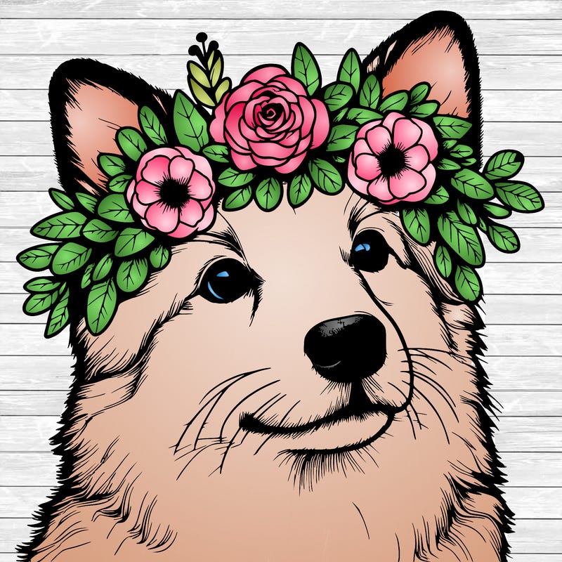 a realistic dog wearing a flower crown