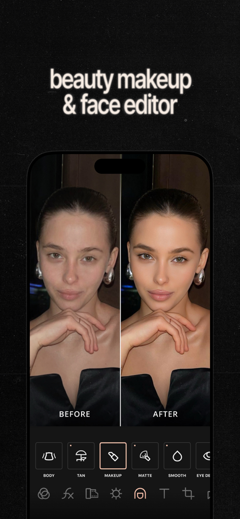 Before and after face editing comparison showing beauty makeup and skin smoothing effects in the Esti photo editor app.