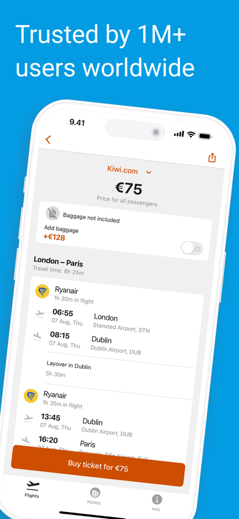 런던발 파리행 라이언에어(Ryanair) 항공편이 75유로로 표시된 스마트폰 화면