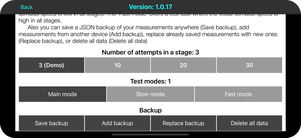 테스트 매개변수와 백업 옵션을 보여주는 Reaction RMO Pro 앱 설정 화면