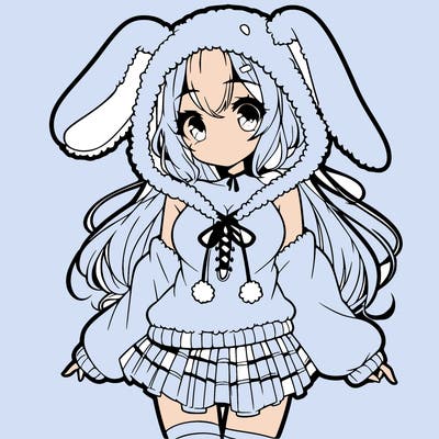pretty anime girl wearing a fluffy hoodie with bunny ears on the hood and a skirt