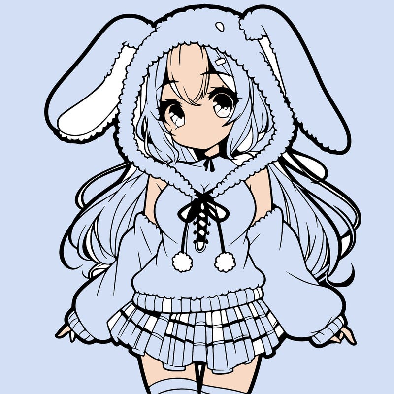 pretty anime girl wearing a fluffy hoodie with bunny ears on the hood and a skirt