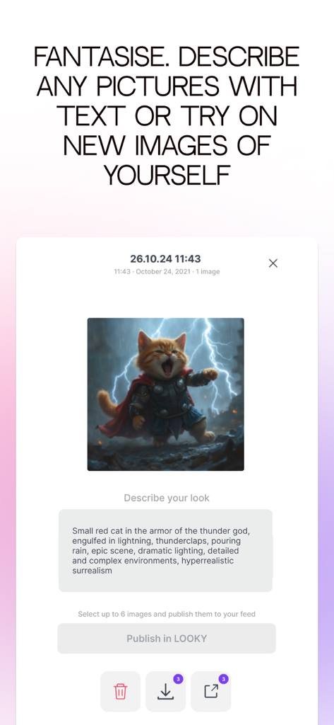 LOOKY app interface showcasing AI text-to-image generation with a cat in thunder god armor.