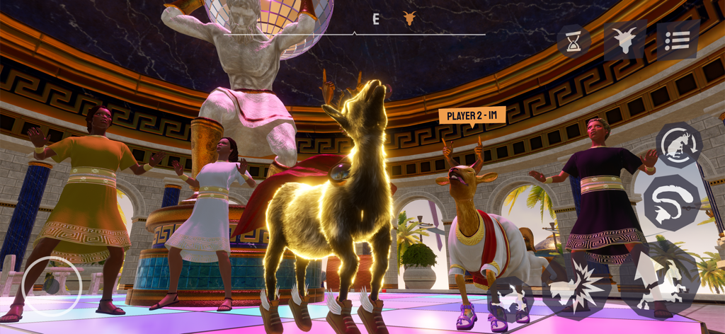 Goat Simulator 3 - Multiverse - A glowing golden goat and a companion goat standing in an ancient Greek temple with humans and an Atlas statue in Goat Simulator 3 Multiverse.