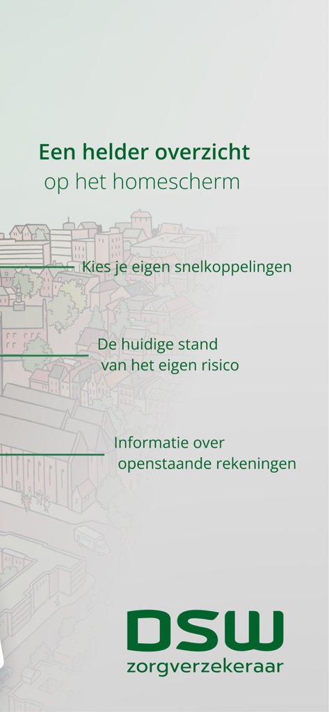 MijnDSW - Overview of MijnDSW app features including shortcuts and deductible status