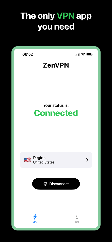 Interface of ZenVPN app showing a connected status to a US server