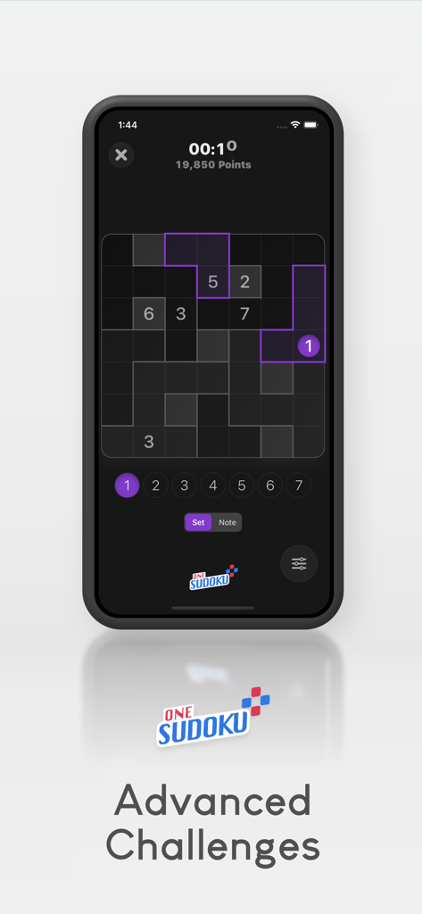 One Sudoku - One Sudoku app interface featuring an advanced jigsaw puzzle in dark mode